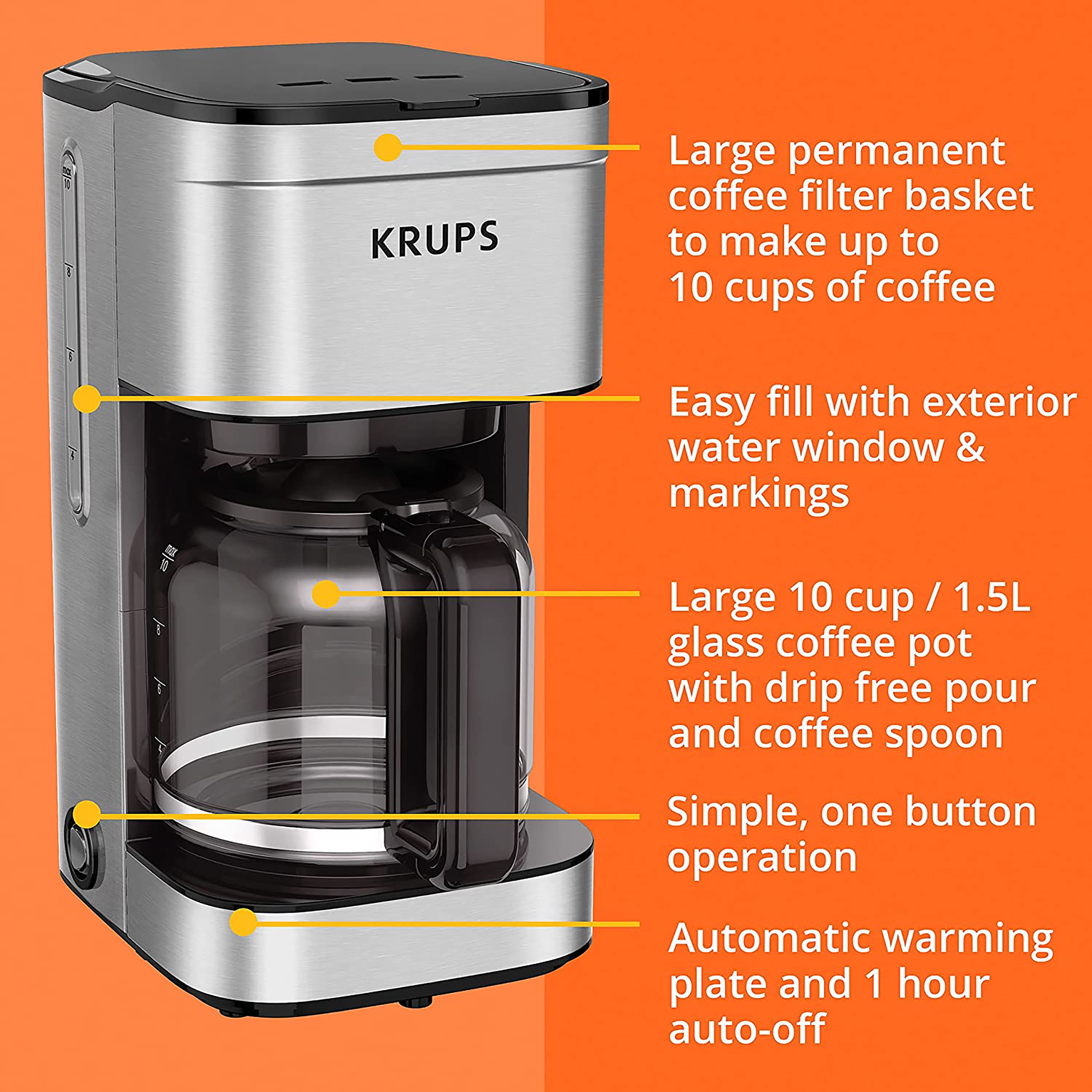 KRUPS Simply Brew Stainless Steel and Glass Carafe Drip Coffee Maker 14 Cup  Programmable, Customizable, Digital Display, Warming Function Coffee