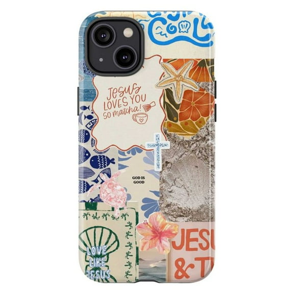 Jesus Beach Collage Phone Case, Christian Faith iPhone Cover with Cross, Floral and Ocean Elements, Inspirational Quote Case for iPhone 17 16 15 14 13 12 11 Plus Pro Max Mini