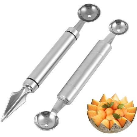 

Melon Baller Scoop Stainless Steel Fruit Decoration Carving Knife Melon Watermelon Cantaloupe Ice Cream Sorbet Dessert Dual Function Ball Spoon for Kitchen Tools (Silver)