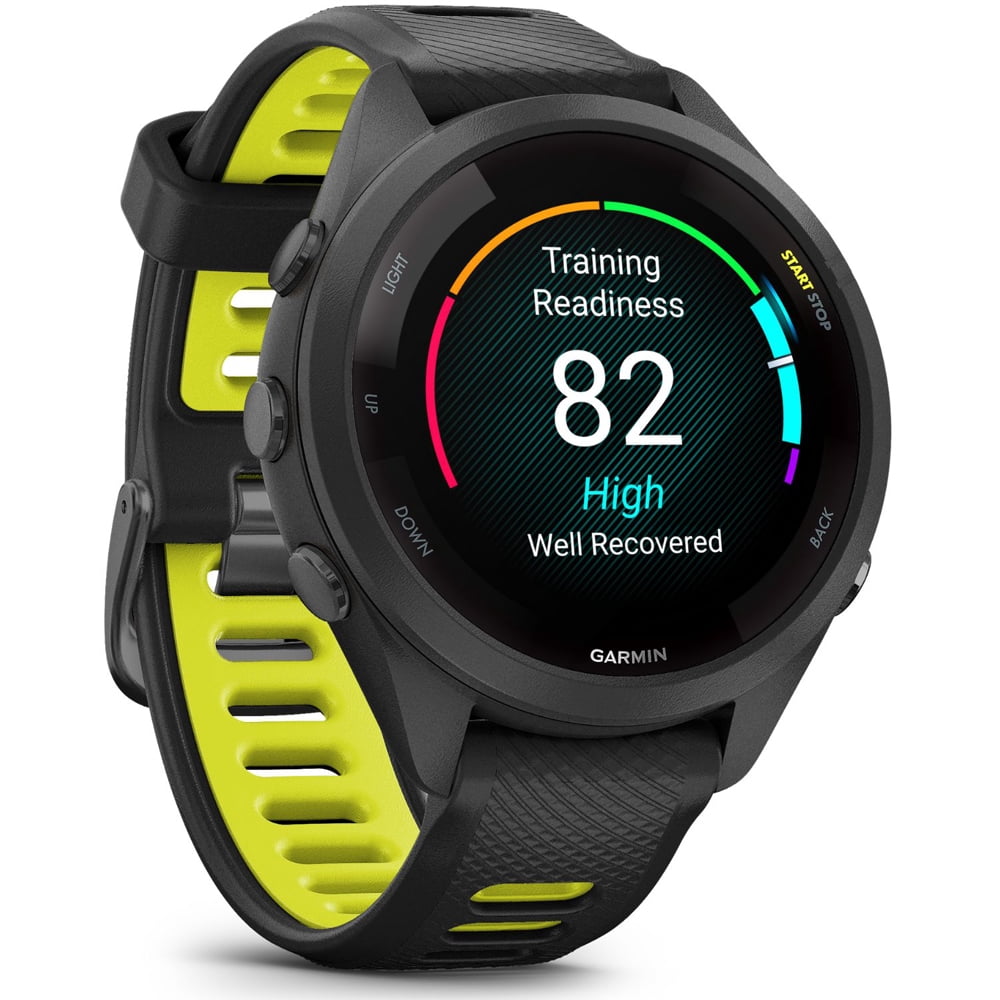 Garmin 010-02810-03 Forerunner 265S GPS Smartwatch, Black/Amp Yellow Bundle with Workout Cooling Sport Towel + Deco Essentials Wearable Commuter Front & Rear Safety Light