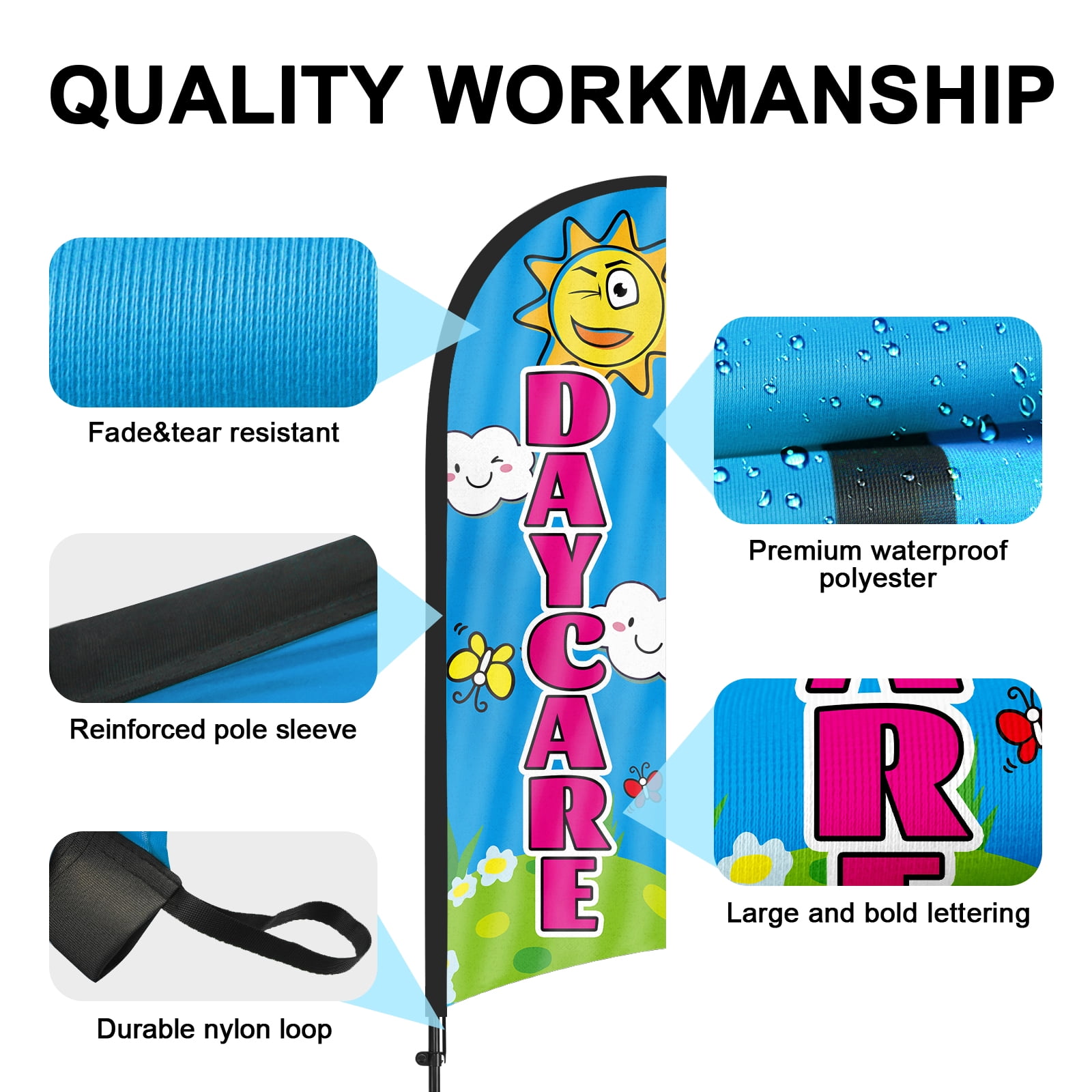 QSUM Daycare Themed Swooper Flag, 8.2FT Daycare Banner Feather Flag with Carbon Fiber Pole Kit Ground Stake, Daycare Signs for Business Advertising
