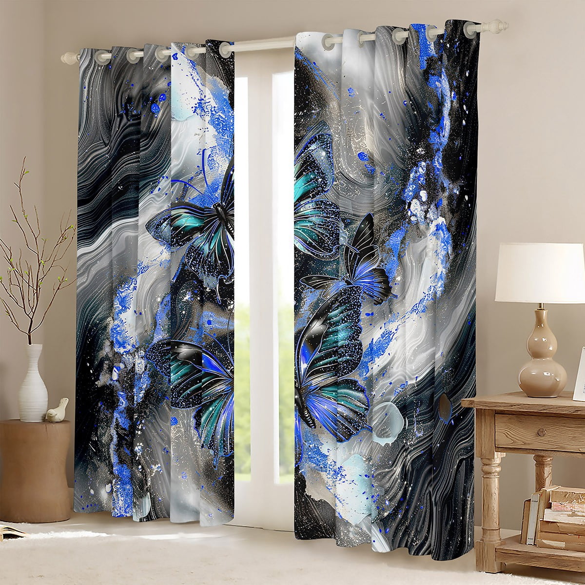 Black Marble 30%-50% Blackout Curtains Teal Butterfly Curtains,Blue Marbling Curtains & Drapes 2 Panels 38"Wx45"L