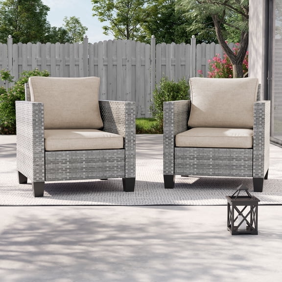 ACEGOSES Outdoor Patio Wicker Chairs Set of 2, Gray Rattan Seating with Thick Cushions for Lawn or Poolside, Beige