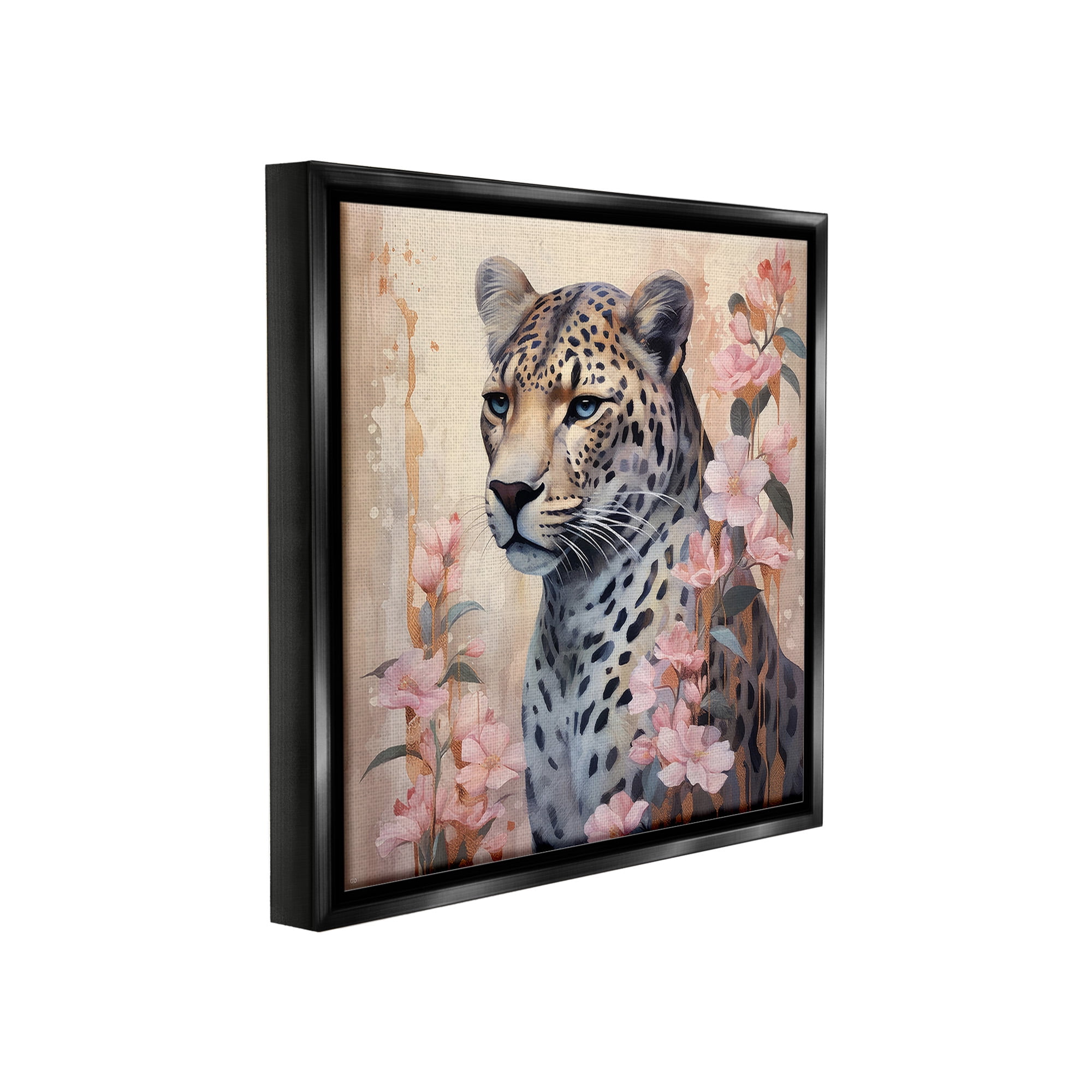 Stupell Industries Leopard with Pink Flowers Animals & Insects Painting Black Floater Framed Canvas Art Print Wall Art, 25 x 25