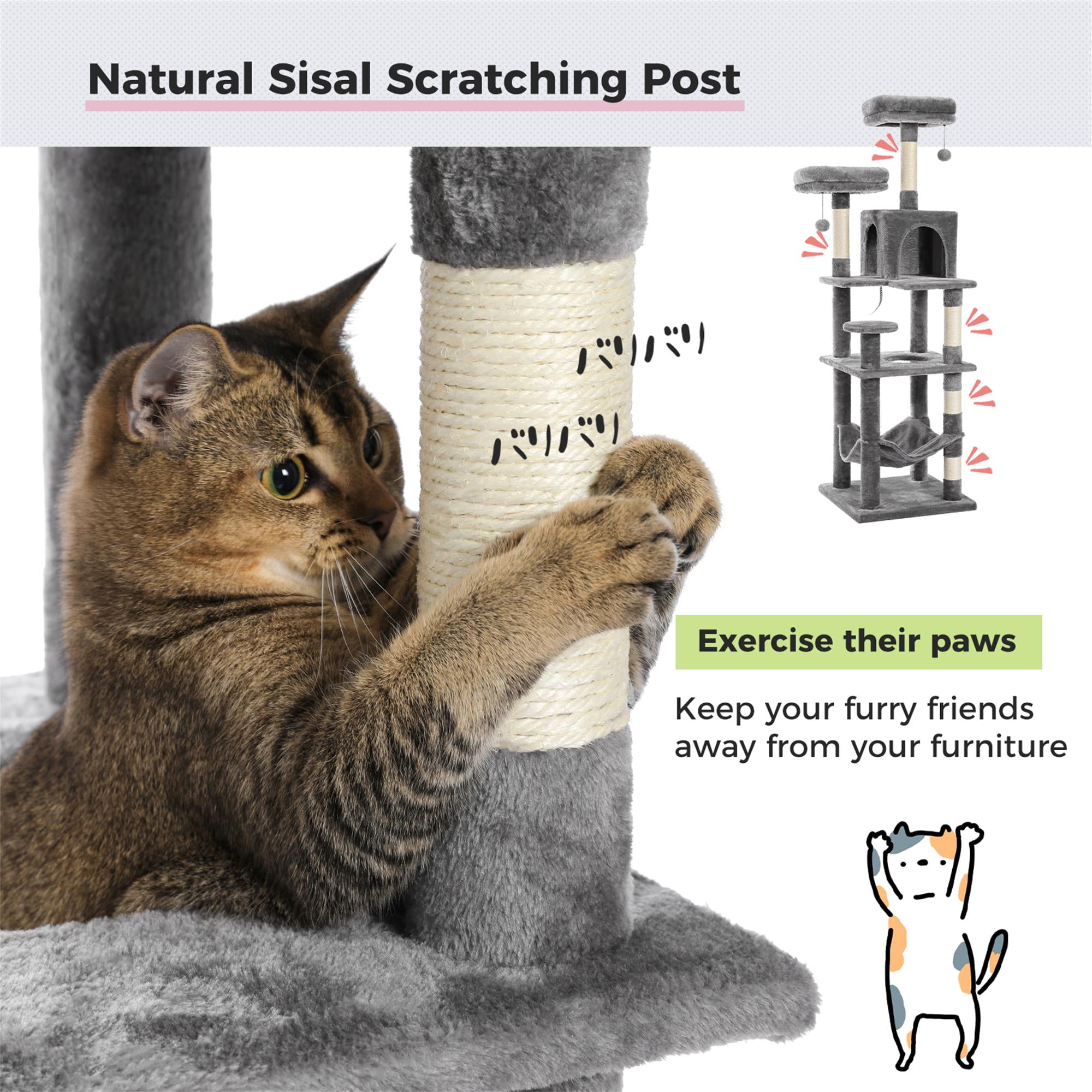 Kadyn 60" Cat Tree Tower for Indoor Cats, Plush Multi-Level Cat Condo with 5 Scratching Posts, 2 Perches, Caves, Hammock, Gray