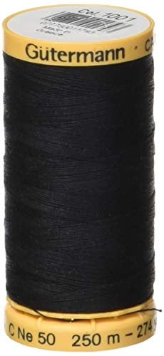 GÜTERMANN Cotton 50wt Thread, 250m, Black, Strong & Lustrous for Sewing, 250 m / 273 yds