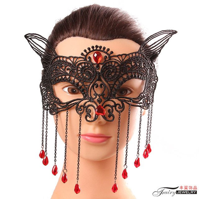 Máscara femenina de encaje para Halloween, máscara de látex con borlas y cristal