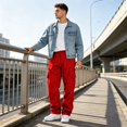 thumbnail image 6 of Men's Wide Leg Cargo Pants High Waisted Drawtring Baggy Adjustable Casual Loose Fit Warm Trousers Hiking Work Pant with Multi Pockets Red S, 6 of 9