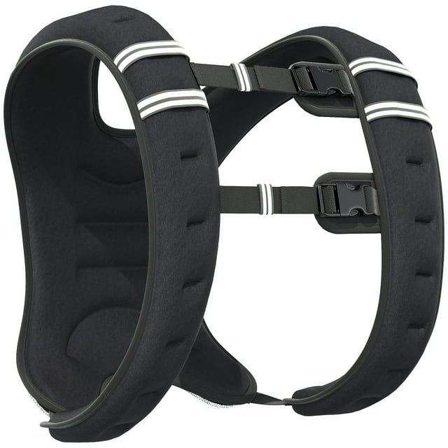 Soozier 22 lbs Weighted Vest with adjustable straps, shown in a side profile view. Made from durable black oxford fabric and filled with metal sand, this vest features broad, thick shoulder straps for comfort and secure fit. The adjustable straps with buckle closures ensure a snug fit for various body shapes. A mesh pocket at the back provides storage for small items like keys or a smartphone. Ideal for running, walking, and strength training.