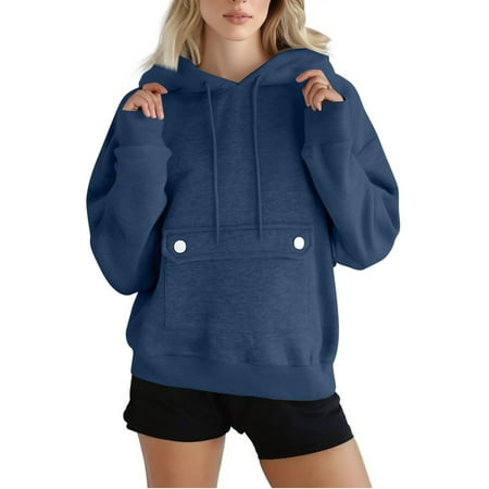 Winter Hoodies for Women Baggy Hooded Sweatshirt Cotton Oversized Solid Color Fleece Loose Casual Hoodie Long Sleeves Tops Winter Warm Pullover with Pocket #02 Navy L
