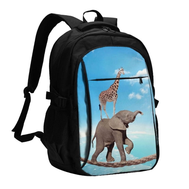 Balery Elephant Giraffe Mochila con carga USB para hombre y mujer - Mochila impermeable y antirrobo para portátil con puerto USB para viajes, trabajo, estudios y universidad