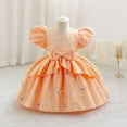 thumbnail image 2 of SERTG Little Girls' Party Dress Sheer Paneled Skirt with Back Zipper Short Sleeve Round Neck Princesse Outfit for 6 Months-4 Years(Orange,4 Years), 2 of 6