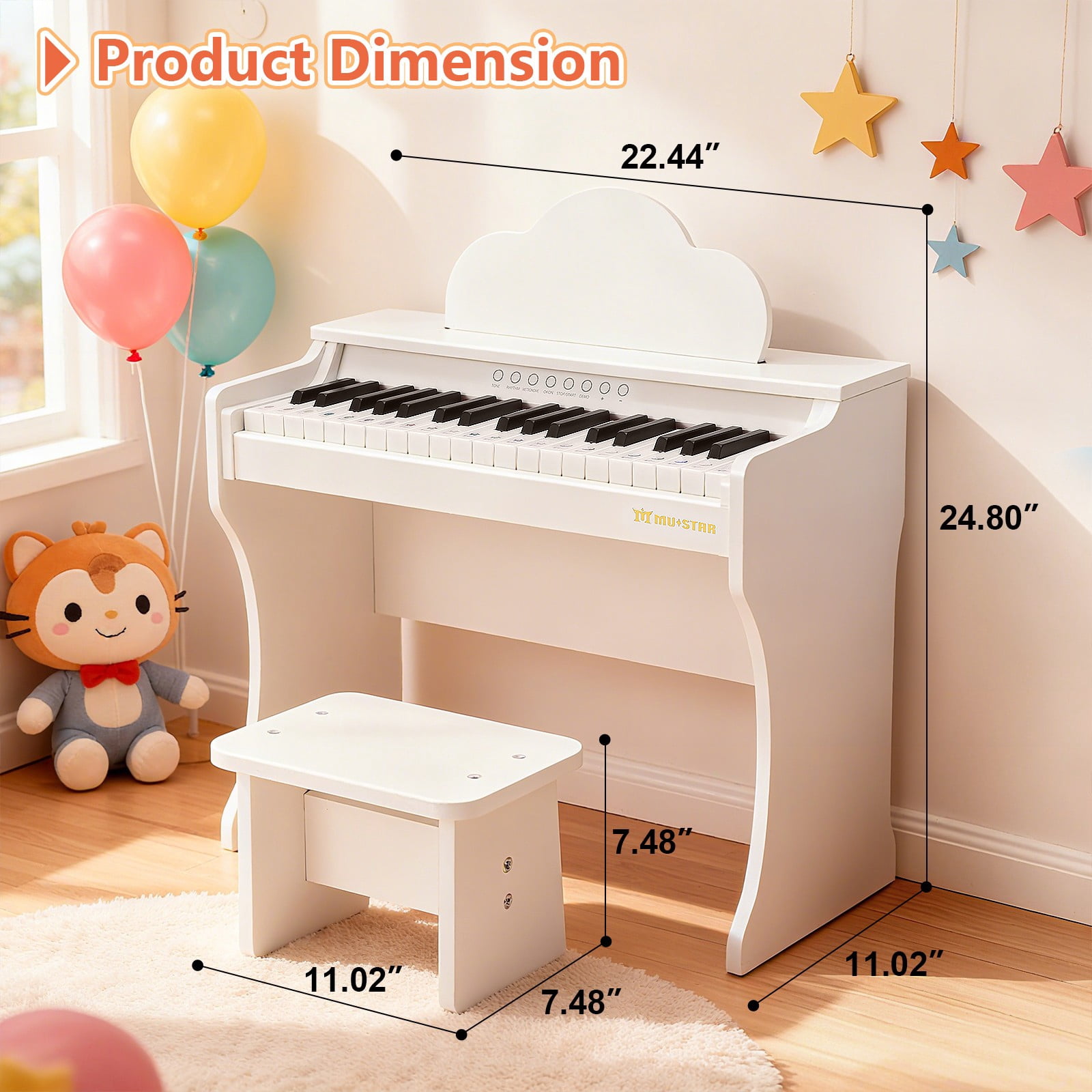 Mustar 37 Keys Kids Wooden Electronic Digital Piano Keyboard Music Education with Stool, Songbook, DIY Stickers (White)
