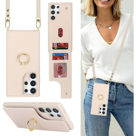 for Samsung Galaxy S24 Ultra Case with Card Holder and Strap for Women,Crossbody Lanyard,Stand Ring Kickstand,Snap Clasp,Phone Wallet Cases 6.8 inch(Beige)