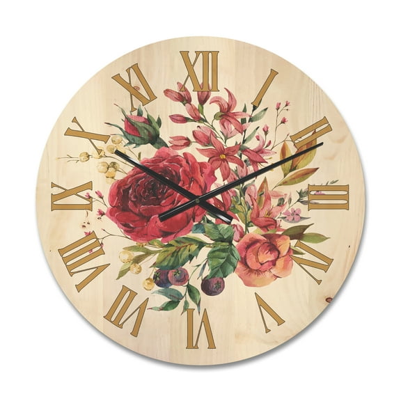 Designart 'Ancient Wildflowers and Burgundy Rose' Farmhouse Wood Wall Clock