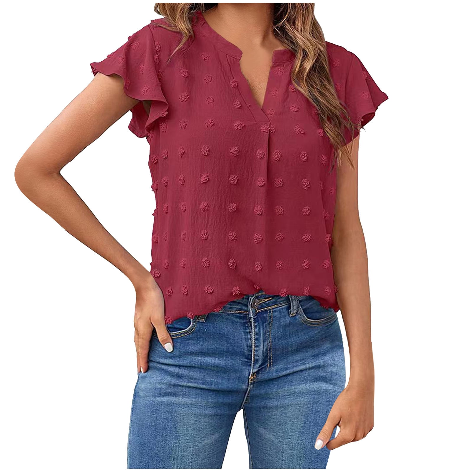 Leafsay Women's Summer Tops - V-Neck Ruffle Short Sleeve Tunic Blouse (Rayon/Spandex, Loose Fit)