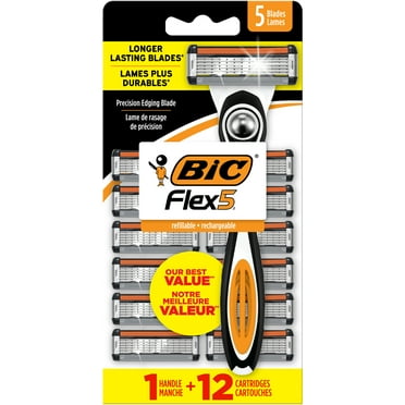 BIC Flex 5 Refillable Razors for Men, Long-Lasting, 5-Blades, 1 Handle and 12 Refills