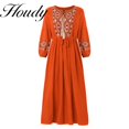 thumbnail image 1 of Fashion Pure Color Round Neck Lace Accessory Dress Loose Temperament Sleeve Embroidered Cotton Linen Dress Factory Direct SalesL Gao Jinjia LED, 1 of 2