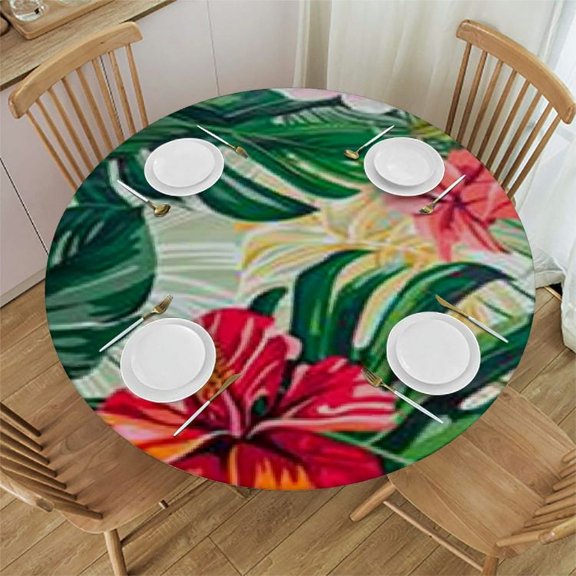 Acheng Tropical Round Tablecloth, Hawaiian Palm Tree Hibiscus Flo Theme Party, Wipeable Waterproof Table Cloth for Family Dinners Outdoor/Outside