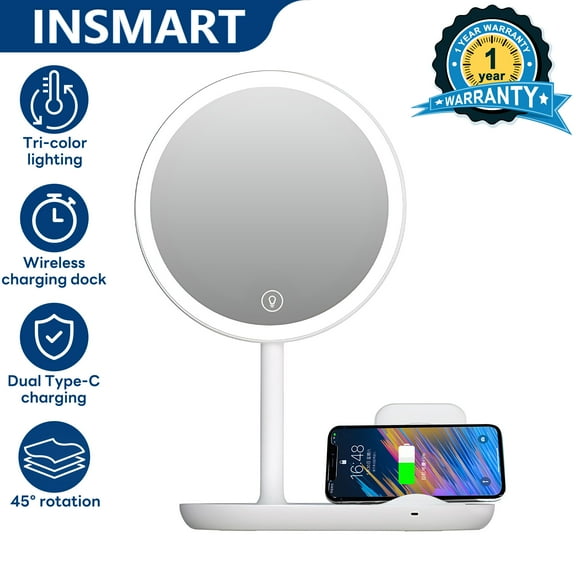 INSMART LED Makeup Mirror with Lights, 3 Color Lighting, Wireless Charging Base & 45° Rotation