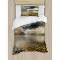 thumbnail image 3 of Nature Duvet Cover Set Queen Size, Alpine Lake with Stones Rocks in Crystal Water with Misty Fogy Clouds Image, Decorative 3 Piece Bedding Set with 2 Pillow Shams, Grey and White, by Ambesonne, 3 of 3