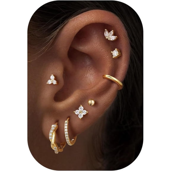 8 Pairs Hypoallergenic Gold Hoop Earrings for Women Trendy | Dainty 14K Gold Plated Huggie Hoop Stud Earrings for Women, Flat Back Earrings Set for Multiple Piercing