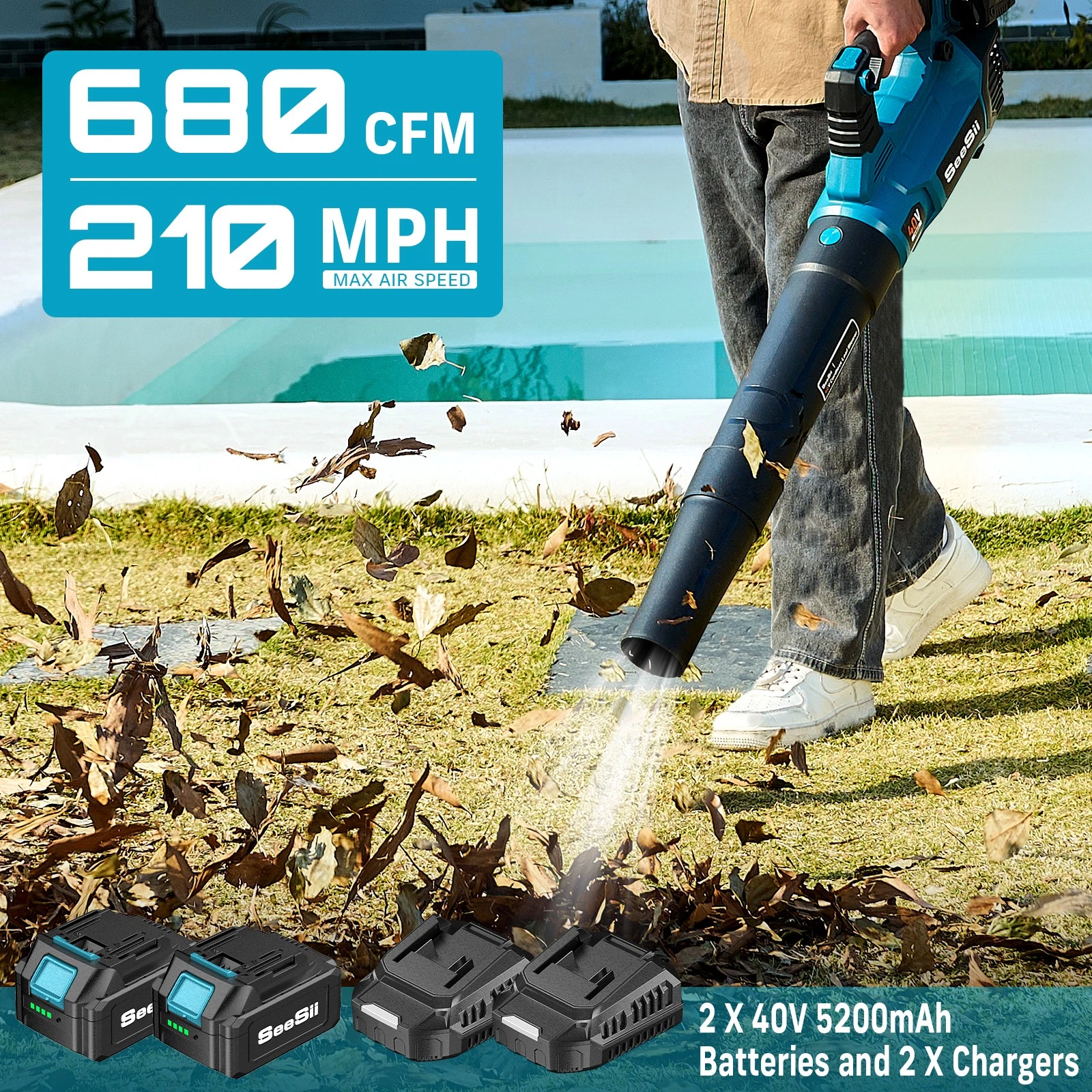 SEESII 40V Leaf Blower Cordless, 680CFM/210MPH Brushless Motor Electric Leaf Blower with 2 * 5200mAh Batteries and 2*Charger
