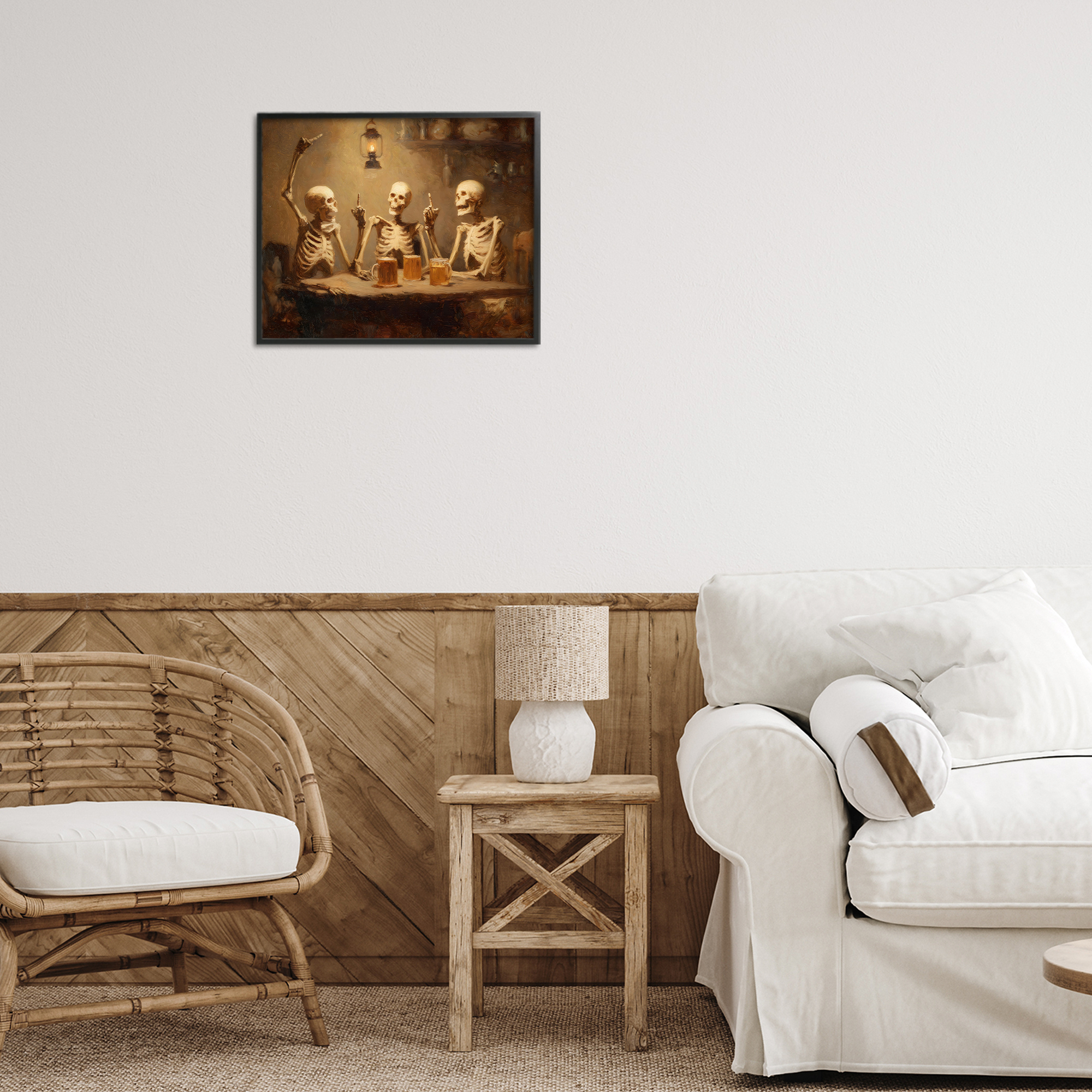 Skeletons Drinking at Tavern Black Framed Giclee Art, design by Arlington Prints