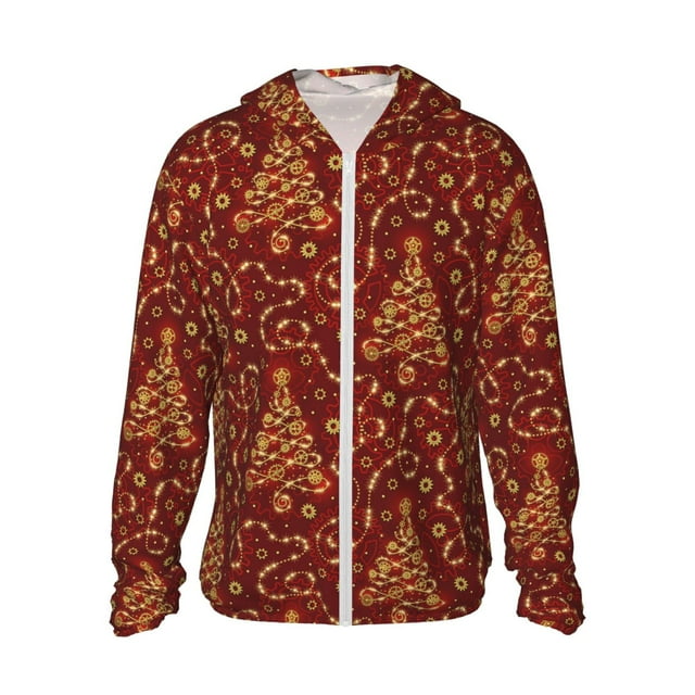 Vsdgher Chandail à Capuchon pour Adultes avec Imprimé de Sapin de Noël sur Fond Rouge, Maillot Dermoprotecteur pour Hommes Femmes, Chandails de Pêche à Manches Longues avec Protection Solaire pour Course Athlétique Natation - X-Grand