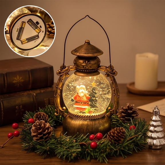 Christmas Musical Snow Globe Lantern, Water Filled Night Light, Oil Lamp Style Body with Swirling Glitter Warm Light and Eight Melodies, Tabletop Decor for Mantel Shelf or Bedside