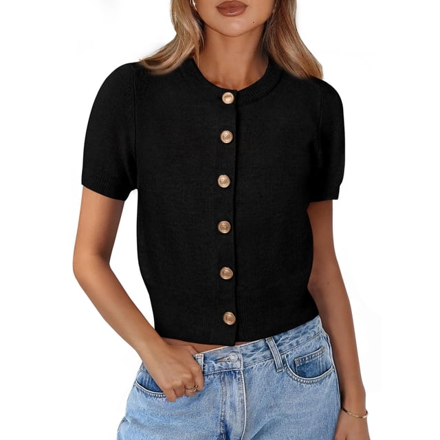 Cardigan PRETTYGARDEN Mujer Verano Manga Corta Negro