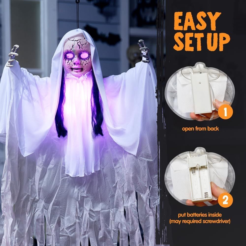 43 Inch Hanging Girl Ghost Halloween Decoration, Creepy Hollow Head Prop with Flashing Purple Lights on Head & Body, Battery Operated Latex Fabric Ghost Decor for Yard Haunted House Party