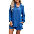 thumbnail image 4 of Qmyliery Women's Shorts Leisure Suit Fashion Print/Solid Color Long Sleeves Single Breasted Shirt Elastic Waist Shorts, 4 of 8