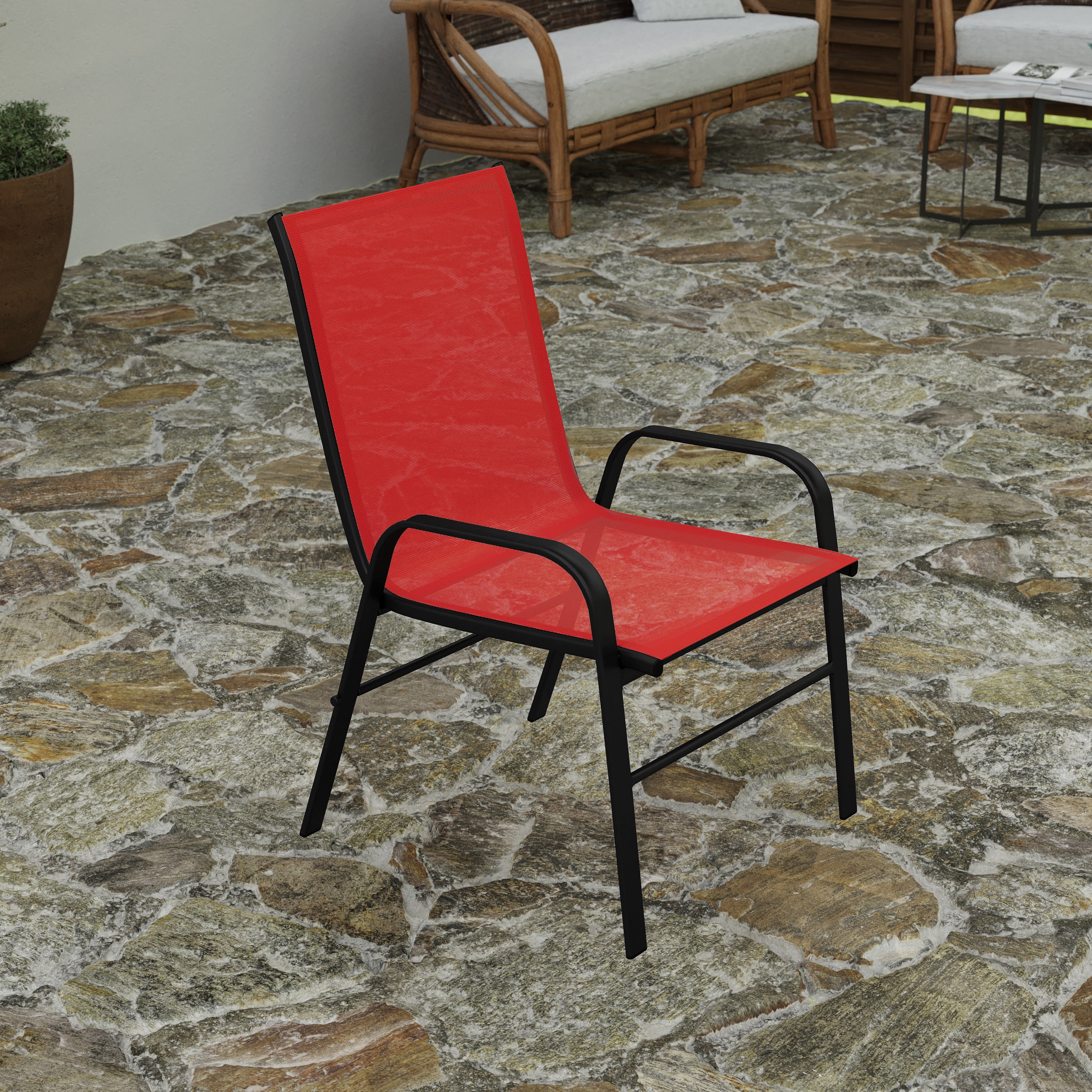 Merrick Lane Set of 4 Series Metal Stacking Patio Chairs with Red Flex Comfort Material