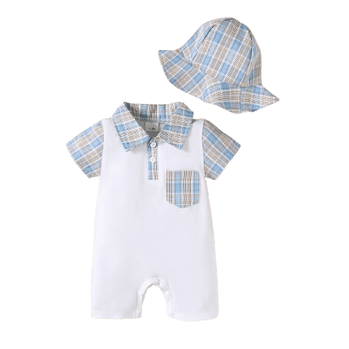 Mikrdoo Baby Boys Clothes Short Sleeve Plaid Splice Polo Bodysuit and Hat 2Pcs Cute Set Newborn to Infant