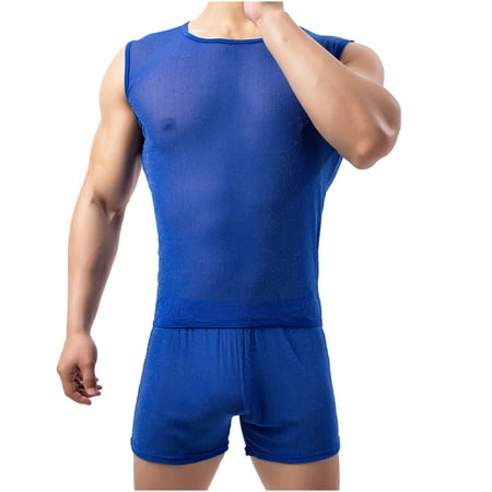 

FREE SHIPPING-Men Casual Round Neck Short Sleeve Round Neck Pullover Underwear Perspective Breathable Sleeveless Wide Shoulder Vest Boxer Briefs Set mens pajamas lingerie for men valentines day gifts