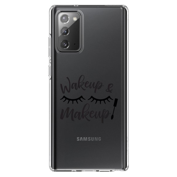 DistinctInk Clear Shockproof Hybrid Case for Samsung Galaxy Note 20 (6.7" Screen) - TPU Bumper Acrylic Back Tempered Glass Screen Protector - Wake Up & Makeup - Eye Lashes