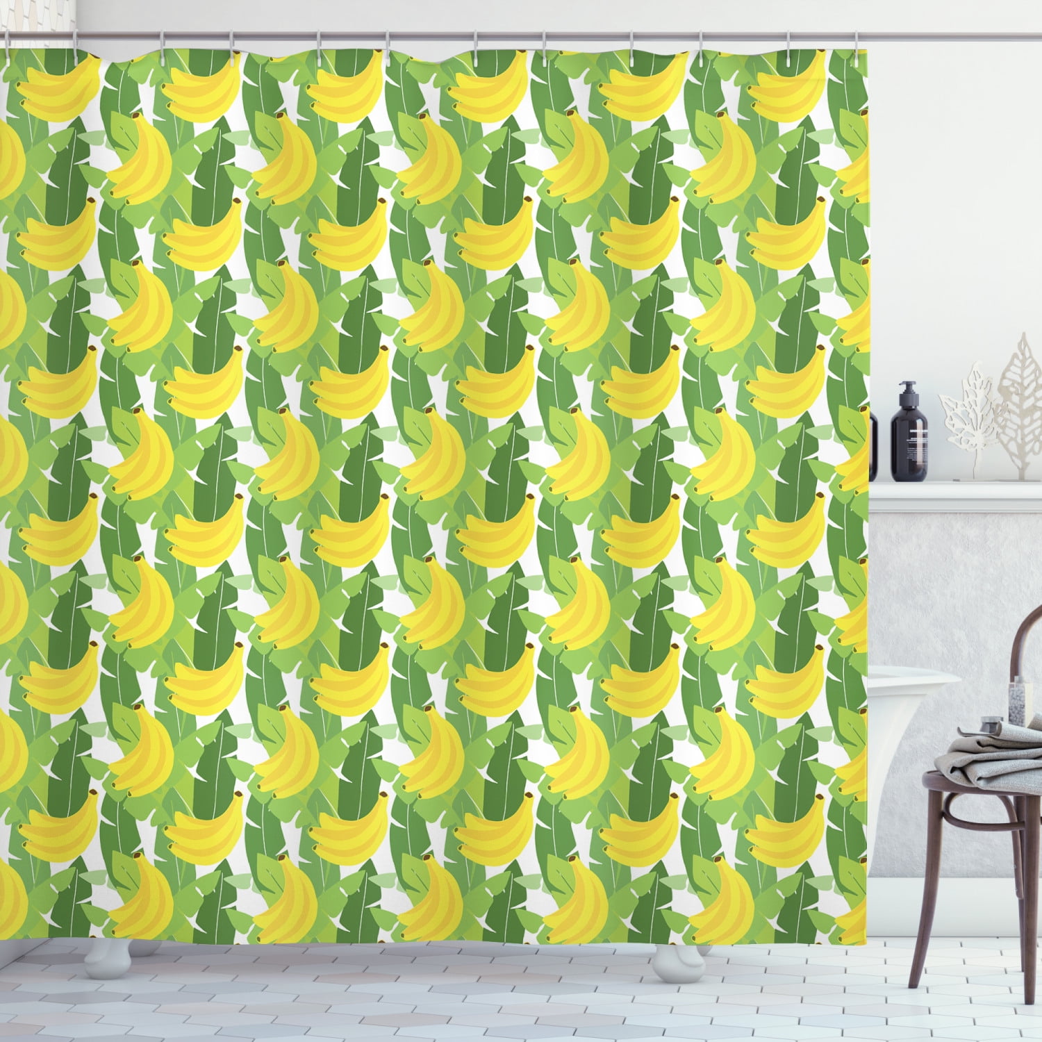 Banana Leaf Shower Curtain, Large Hanging Cluster of Ripe Bananas Cartoon Illustrated Design, Fabric Bathroom Set with Hooks, 69W X 84L Inches Extra Long, Fern Green and Yellow, by Ambesonne Banana Leaf Shower Curtain, Large Hanging Cluster of Ripe Bananas Cartoon Illustrated Design, Fabric Bathroom Set with Hooks, 69W X 84L Inches Extra Long, Fern Green and Yellow, by Ambesonne