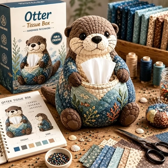 XIBUFE Handmade Patchwork Bushland Tissue Box Diy Kit,Cute Woodland Animal Quilted Designs Sewing Kit for Home Bedroom Office Desk Decor, Handmade Craft Activity for Adults Beginners (Otter)