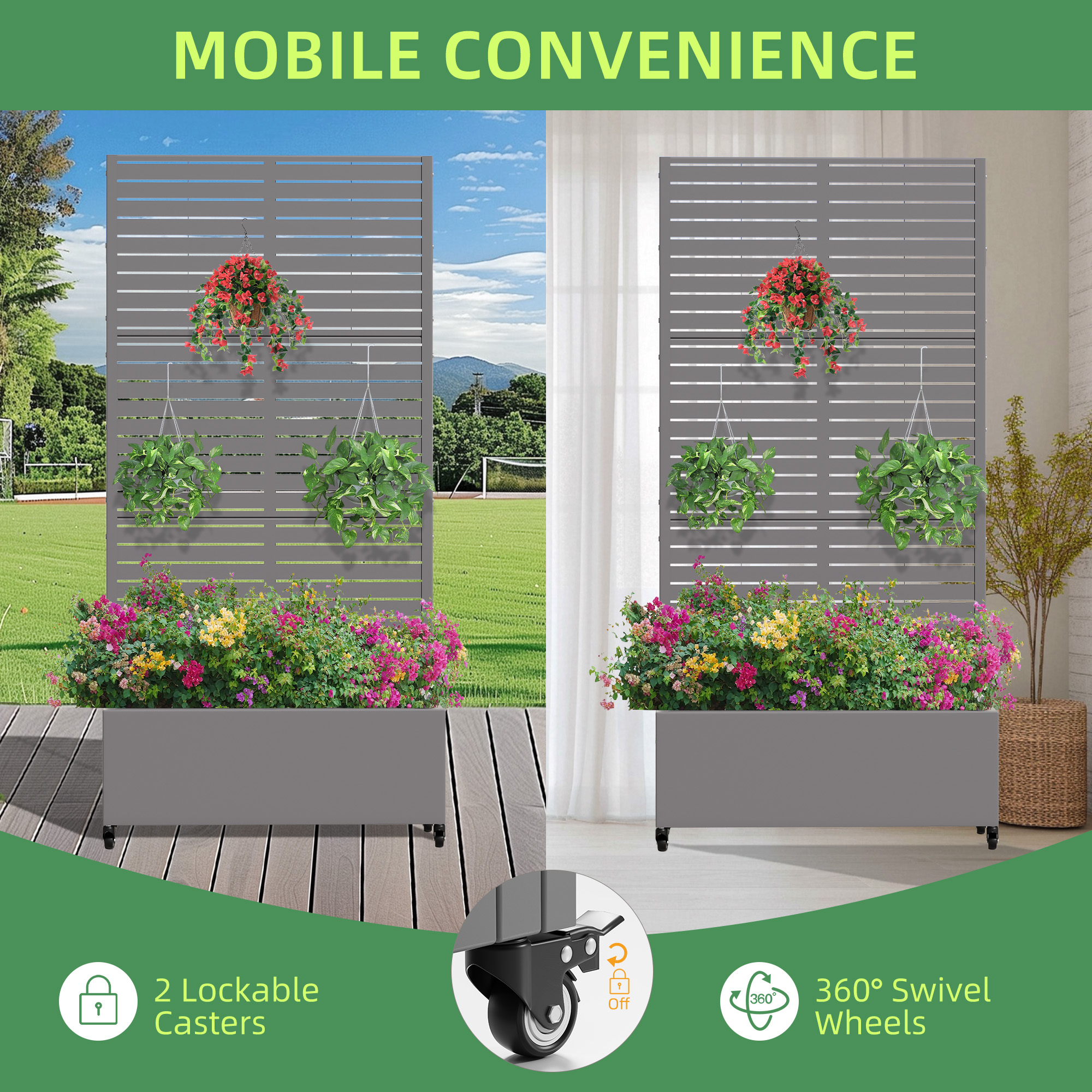 MAYEERTY 35*16*71"Outdoor Gray Metal Planter with Rect Louvered Climbing Trellis, Drainage hole & Wheels