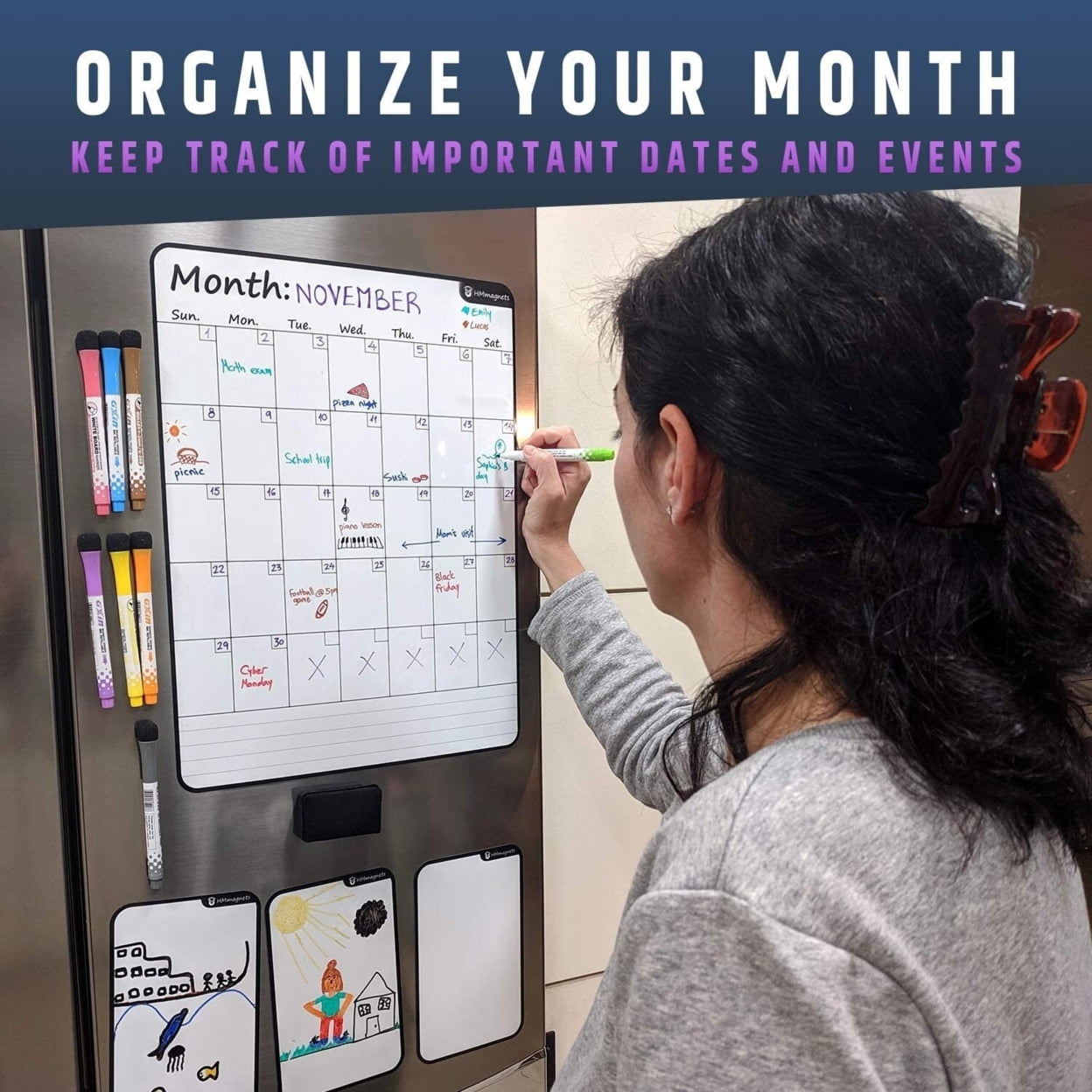 Large Dry-Erase Magnetic Monthly Calendar + Free Bonus: 3 Grocery/to-Do List Whiteboards (Organizer/Planner) for Kitchen Fridge - Full Set: 8 Markers + Eraser | Stain Free | Vertical