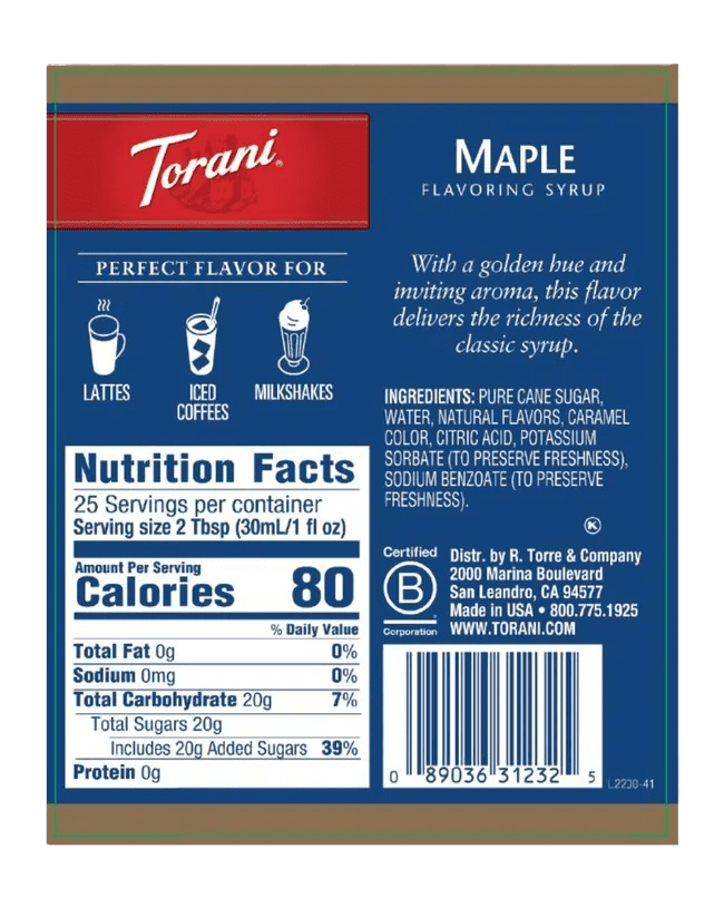 Torani Maple Flavouring Syrup, 25.4 fl oz (750ml) Glass Bottle with Absol Gold Pump