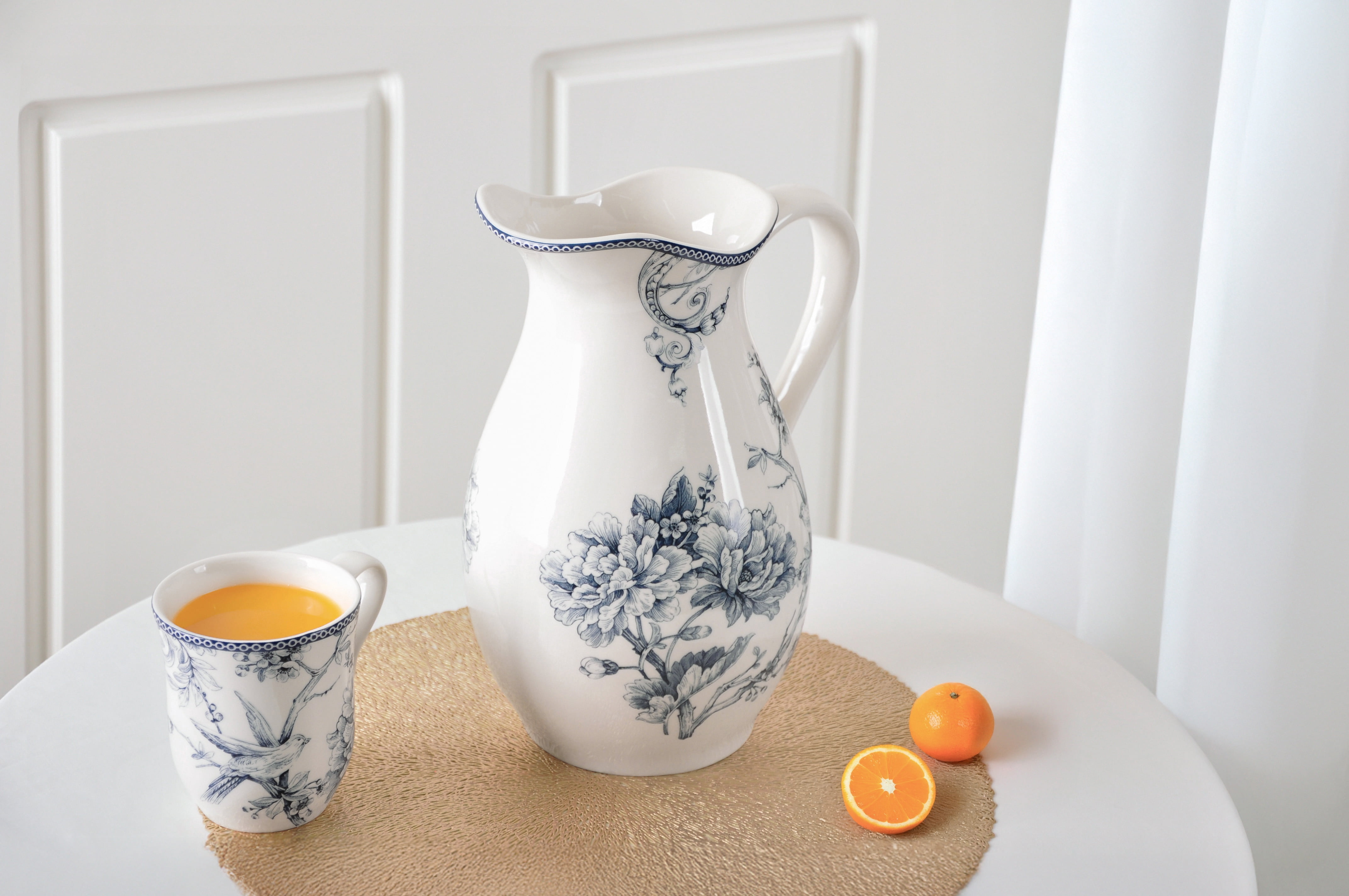 222 Fifth Adelaide Porcelain Pitcher, Blue & White Large Floral Vase, 100oz