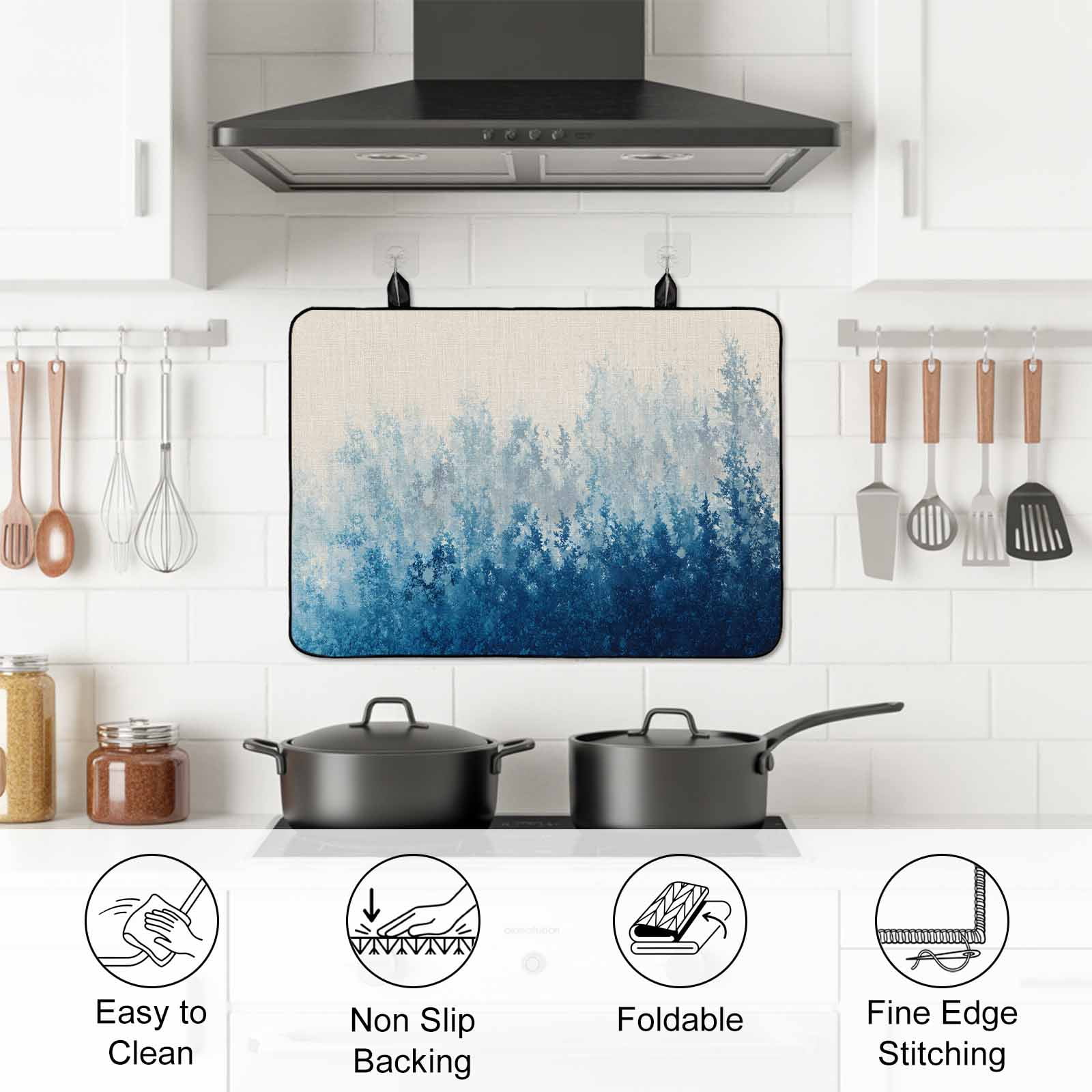 Blue Botanical Stove Top Cover for Electric Stove, Heat-proof & Non Slip Glass Top Stove Cover Protector, Spring Summer Farmhouse Retro Beige Kitchen Flat Cooktop Rubber Mat 24x21 Inches