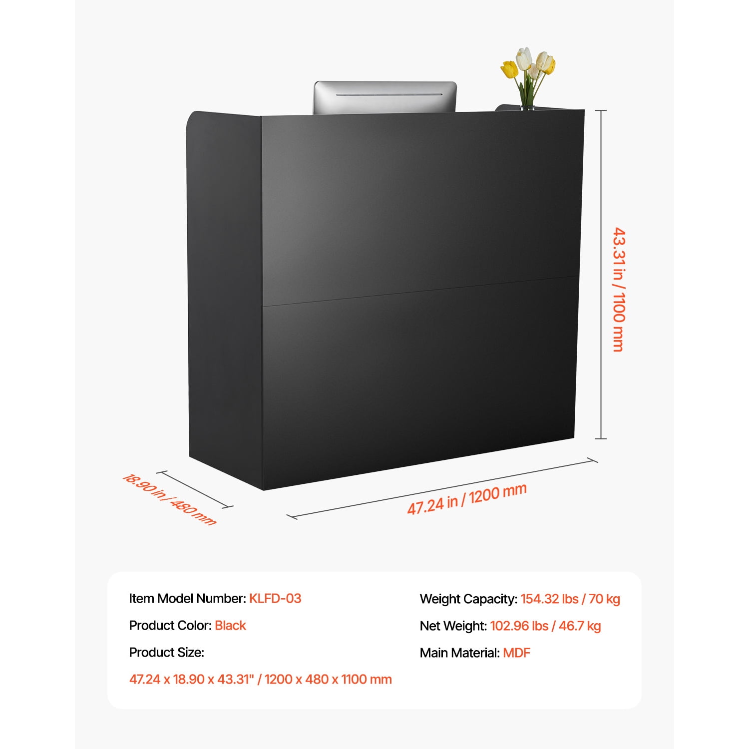 KFFKFF Front Desk, Dimensions 47.24 x 18.9 x 39.37 inches, Rectangular Counter Table, Comes with Secure Drawer and Storage Cabinet, Suitable for Cashier, Lobby, Beauty Parlor and Office, Color Black