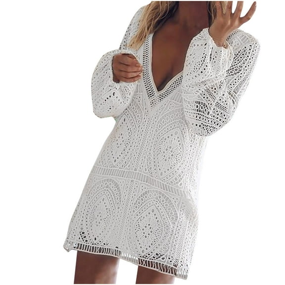 Women Lace Crochet Dresses Solid Color Elegent Short Dress Deep V Neck Long Sleeve Mini Dress Hollow Out Beach Coverups