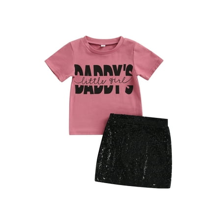 

Sunisery Kids Little Girls 2Pcs Outfits Short Sleeve Round Neck Letter Print T-Shirt+Shiny Sequins Skirt Clothes Pink Black 18-24 Months