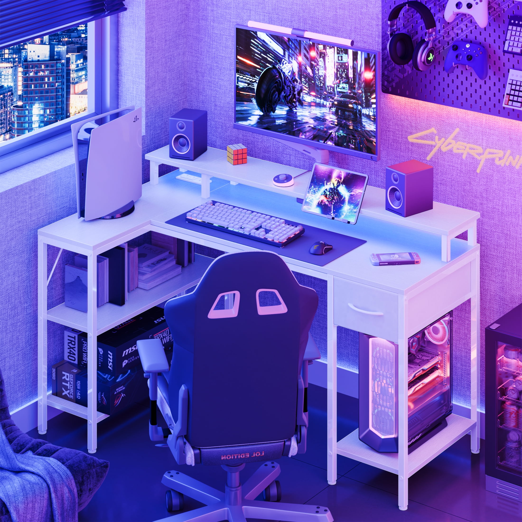 EDX 53 Inch L Shaped Gaming Desk with Power Outlet & LED Light, Reversible Computer Desk with Shelves & Monitor Stand, Corner Desk with Drawer for Home Office, White