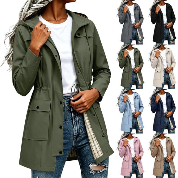 Women Waterproof Lightweight Rain Jacket Solid Color Mid Length Waterproof Hooded Rain Jacket Lightweight Plaid Lined Windbreaker With Drawstring Waist Top