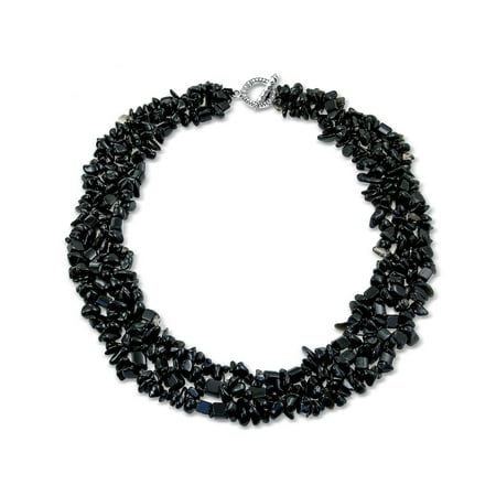- Simulated Onyx Chips Black Bib Gemstone Necklace Silver Plated